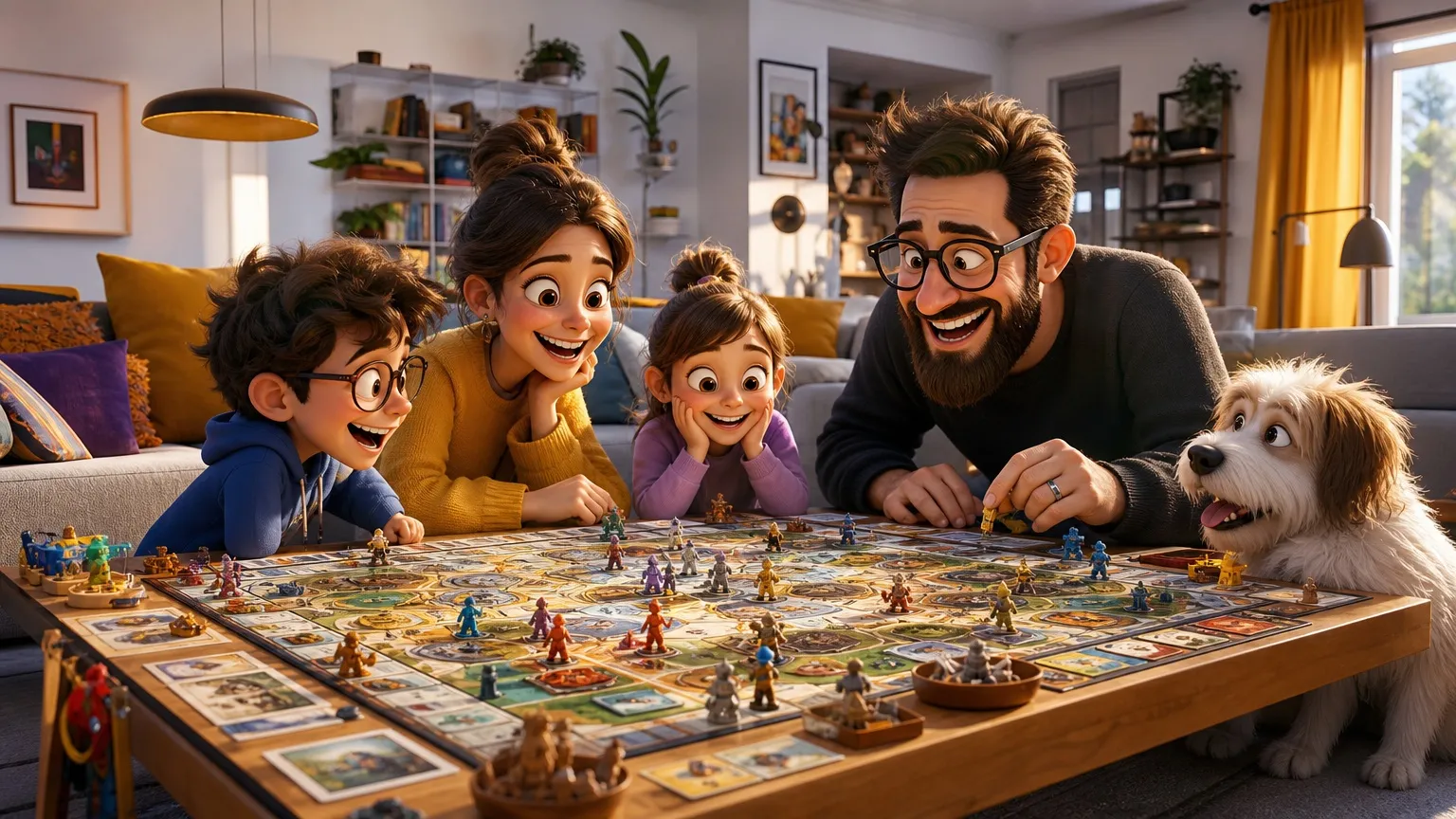 Une famille joue à un grand jeu de plateau sur la table du salon, avec leur chien